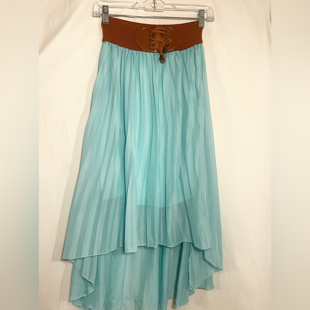 WOMENS SMALL GREEN PLEATED SHEER HIGH LOW LINED ELASTIC TIE WAIST SKIRT